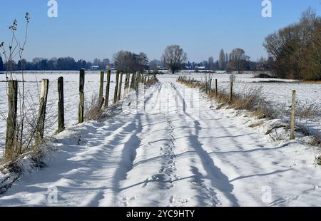 Countryside of Saméon, in northern France: rural landscape covered in snow in winter. Path with footprints between two agricultural fences *** Local C Stock Photo