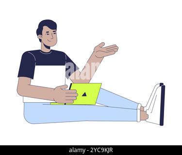 Indian young adult man with laptop sitting on floor 2D cartoon character Stock Vector
