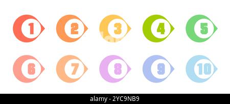 Bullet point numbers design element set. Colorful list markers collection, number 1 to 10. Stock Vector