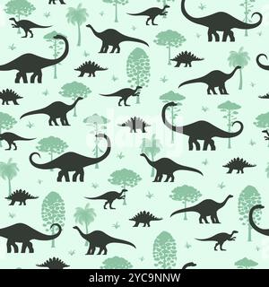 Prehistoric dinosaurs seamless pattern with silhouettes of dino spices roam amidst ancient trees and plants on a light green background. Vector playful childish tile with dino at tropical landscape Stock Vector