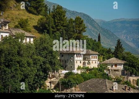 Historic houses in Gjirokaster old town in southern Albania. Gjirokaster is famous for its Ottoman architecture and is a UNESCO World Heritage Site Stock Photo