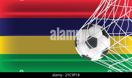 Soccer Football ball in Goal Net Isolated on Mauritius Shaded Flag, Sports Accessory Equipment for Playing Game, Championship and Competition Design Stock Vector