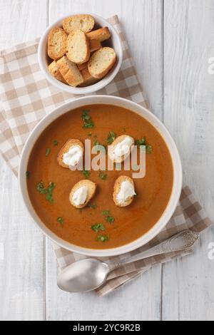 Tasty Soupe de poisson French soup with white fish simmered in a light vermouth stock with croutons and aioli sauce closeup on the bowl on the wooden Stock Photo