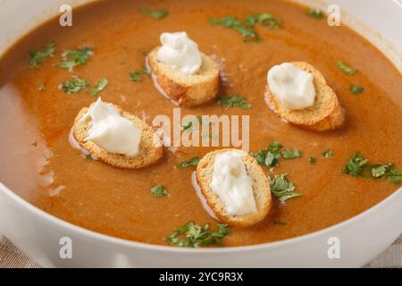 Tasty Soupe de poisson French soup with white fish simmered in a light vermouth stock with croutons and aioli sauce closeup on the bowl on the wooden Stock Photo