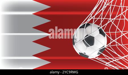Soccer Football ball in Goal Net Isolated on Bahrain Shaded Flag, Sports Accessory Equipment for Playing Game, Championship and Competition Design Stock Vector