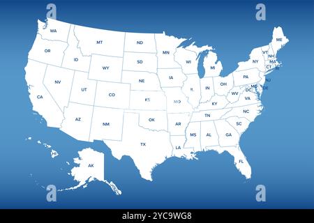 The United States of America, blue political map. Map with silhouettes of the fifty states and postal abbreviations, and with Washington DC. Stock Photo