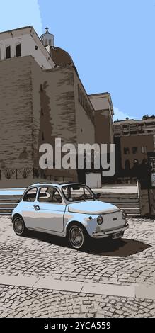 An antique car parked in front of a cathedral in Naples. Stock Vector