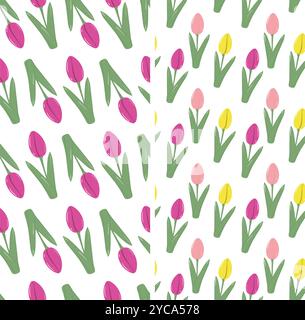 Stylized tulips Colorful Seamless pattern in trendy pink and yellow. Set if 2 Backgrounds texture. Isolated Vector illustration Wrapping, wallpaper or web, banner, greetings or invitation background Stock Vector