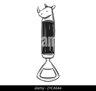 Hand Drawn Bottle Opener with rhinoceros Illustration. Tourist corkscrew Vector illustration in linear drawing style for adventure or camping on Stock Vector