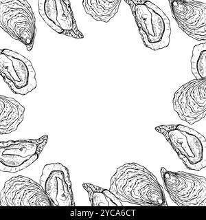 Vector frame with Oysters and scallop. Hand painted line template, seashells. Graphic clip art isolated on background. Underwater illustration. For Stock Vector
