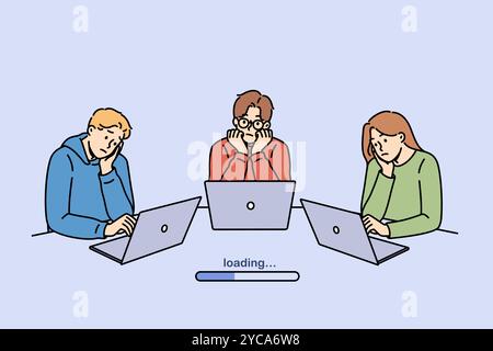 Poor internet speed frustrates students using laptops and waiting for educational apps to load. Slow internet speed reduces team productivity, idle due to software or website freezes Stock Vector