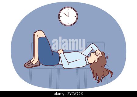 Tired business woman sleeps on office chairs at work and needs vacation to avoid professional burnout. Tired girl office worker is sleeping in waiting room before interview for new position Stock Vector