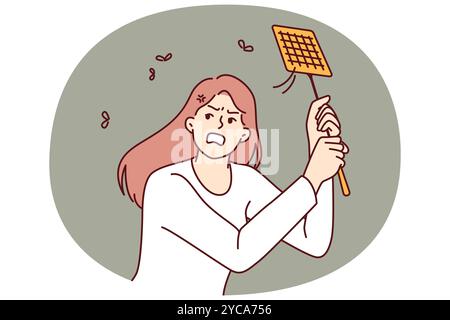 Angry woman kills mosquitoes using swatter feeling irritated due to insects disturbing sleep on summer night. Girl with swatter is annoyed by camaras and maskites and needs electric fumigator Stock Vector