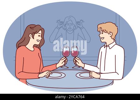 Stalker girl is watching date of former boyfriend drinking wine in restaurant with new girlfriend. Concept of jealousy and surveillance of loved one going on date or betrayal from cheating husband Stock Vector