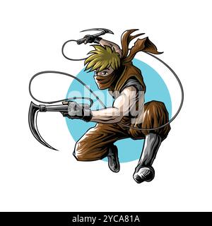 ninja jump attack with weapons illustration Stock Vector