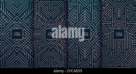 Vector set of art deco line gold patterns, modern design labels, abstract ornament. Elegant background. Stock Vector