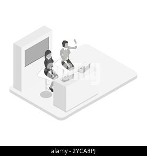 Hotel Reception With People. Young Man Talking With Receptionist And Checking In To Hotel. Young Woman Pulling Her Luggage. Waiting Room In The Hospit Stock Vector