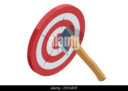 Isometric throw Axe in wood target vector isolated on white background. Axe throwing for recreation, competition, leagues and team building Stock Vector