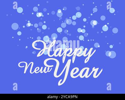 Blue background with white text that says Happy New Year. The text is in white and is surrounded by blue circles Stock Vector