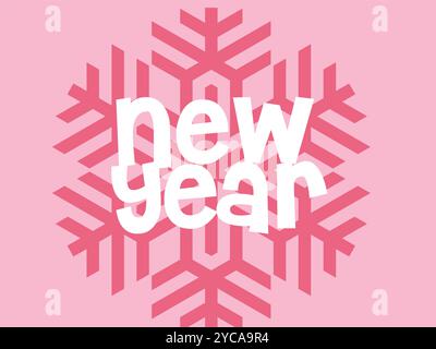 Pink background with a snowflake and the word "new year" written in white. The snowflake is made up of many small snowflakes Stock Vector