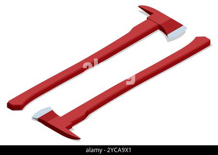 Isometric red wooden axe that is used in fires. Dangerous work of firefighter. Firefighting axe. Safety Stock Vector