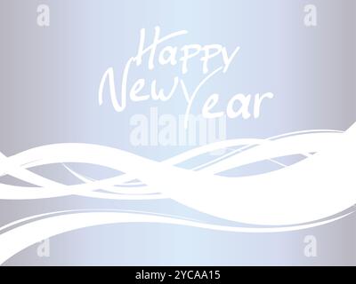 White background with a blue wave and the words "Happy New Year" written in black. The background is a light blue color and the wave is a dark blue co Stock Vector