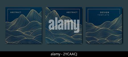 Vector set of art line mountains, hills, dessert and waves backgrounds, cards. Landscapes, elegant premium prints, gold illustrations Stock Vector