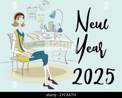 Woman sitting at a desk with a clock on the wall. The words New Year 2025 are written below her Stock Vector