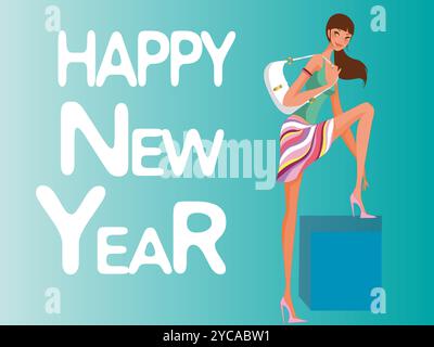 Woman is standing on a box with a white purse. The box is blue and the background is blue. The words "Happy New Year" are written on the box Stock Vector