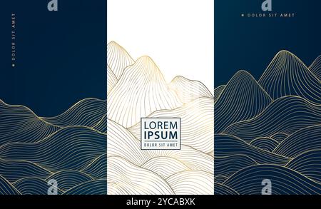 Vector set of art line mountains, hills, dessert and waves backgrounds, cards. Landscapes, elegant premium prints, gold illustrations Stock Vector