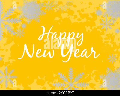 Yellow background with snowflakes and the words Happy New Year. The snowflakes are scattered all over the background Stock Vector