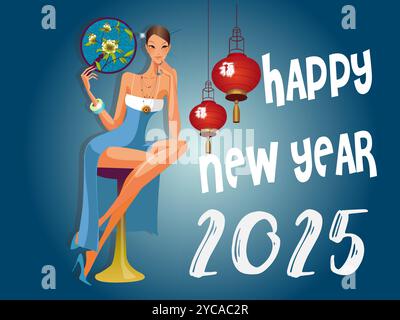 Woman is sitting on a stool with a fan in her hand. The image is titled Happy New Year 2025 Stock Vector