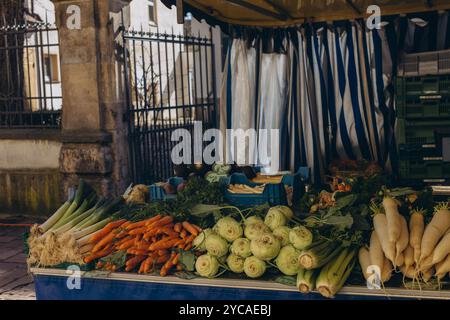 A market stall filled with fresh fruits on display, offering a colorful selection of produce. High quality photo Stock Photo