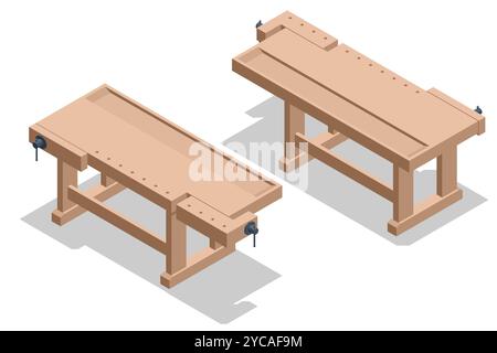 Isometric wood carpenter s workbench. Production of furniture to order. Carpentry as a hobby. Stock Vector