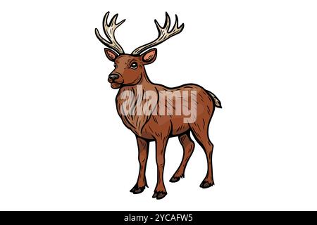 Reindeer Christmas sketch in vintage style, engraving, line drawing color. Stock Vector