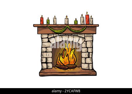 fireplace  Christmas sketch in vintage style, engraving, line drawing colored. Stock Vector
