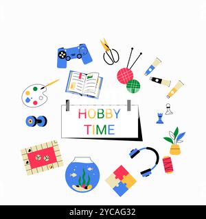 Hobby Time Sign With Various Creative And Leisure Items In Flat Vector Illustration Symbolizing Fun, Crafts, And Creativity, Isolated On White Stock Vector