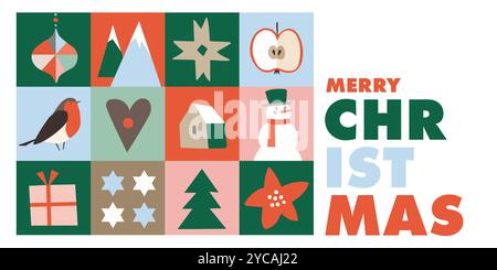 Christmas greeting card invitation. Winter holiday icons. Geometric seamless pattern. Snowman, gift, christmas tree ornaments gingerbread. Vector Stock Vector