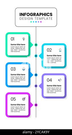 Infographic template with icons and 5 options or steps. Vertical line. Can be used for workflow layout, diagram, banner, webdesign. Vector illustratio Stock Vector