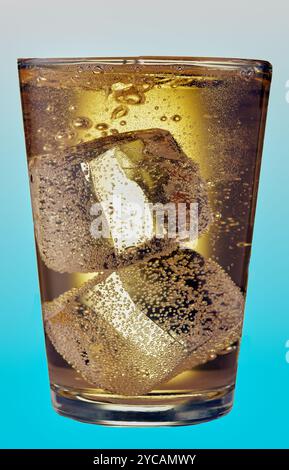 Glass of carbonated drink with large ice cubes in it on a blue gradient background. Stock Photo