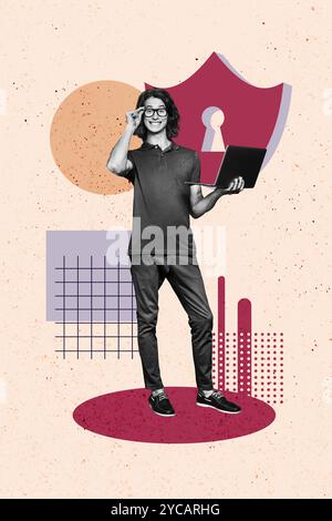 Vertical composite collage artwork image picture of guy laptop safety lock isolated on creative background Stock Photo