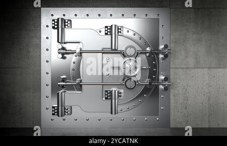 Large metal bank vault door is closing in a concrete room 3d Stock Photo