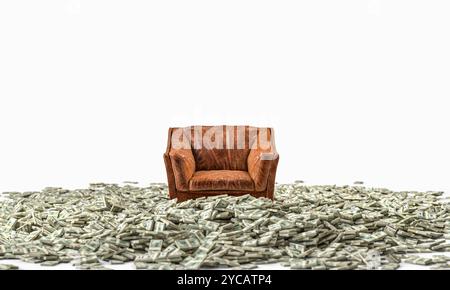 Brown leather armchair pile of dollar bills concept of wealth 3d Stock Photo
