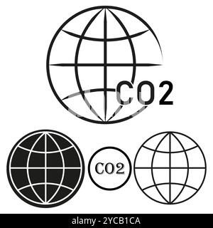 Globe and CO2 symbols in solid and outline styles. Global emissions and environment concept. Black and white vector. Stock Vector