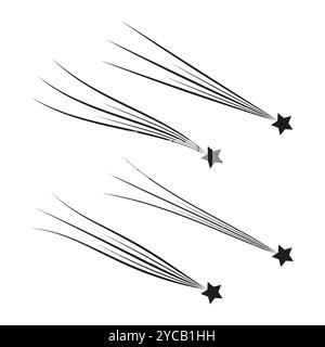 Set of shooting stars in black and white. Meteor and night sky concept. Simple vector illustration for print and design. Stock Vector