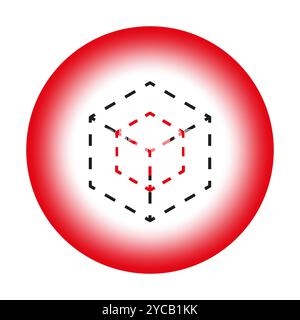 3D cube icon. Dashed lines structure. Red gradient background. Abstract geometric symbol. Stock Vector