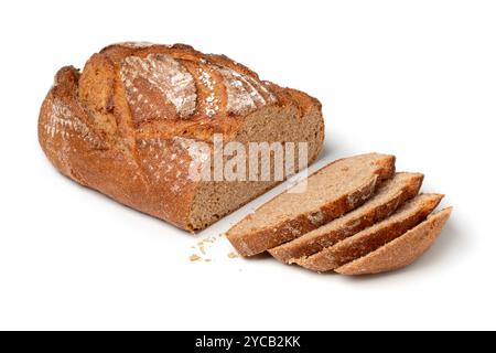 Fresh homemade sliced loaf of wheat and rye bread isolated on white background close up Stock Photo