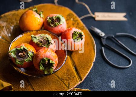 Close-up view of an autumnal table setting featuring ripe persimmons on a rustic orange ceramic plate, complemented by soft, earthy tones and elegant Stock Photo