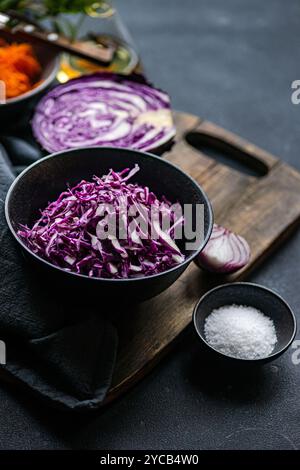 A vibrant display of fresh salad ingredients with finely chopped red cabbage in a black bowl, shredded carrots, half a red onion, a dish of sea salt, Stock Photo