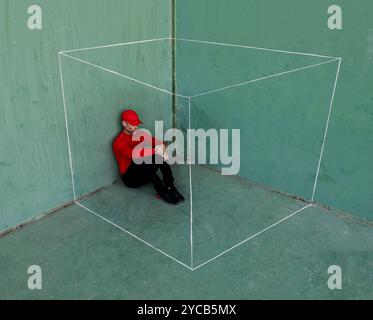 An imaginative visual of a man in red apparel and hat, sitting within the confines of a white chalk-drawn box against a green background The image evo Stock Photo